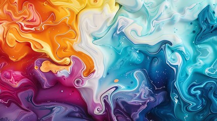 Vivid abstract paint swirls creating a mesmerizing blend of colors, from warm oranges to cool blues, evoking creativity and dynamic energy.