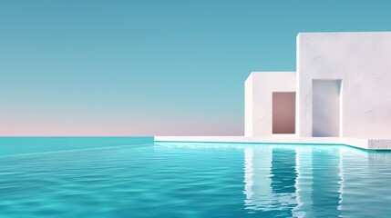 Fototapeta premium Modern minimalist white architecture with an infinity pool overlooking a serene turquoise ocean under a clear blue sky.