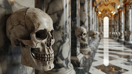 A corridor in a richly decorated museum adorned with skulls.