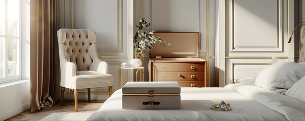 Luxurious bedroom with an empty velvet-lined jewelry box.