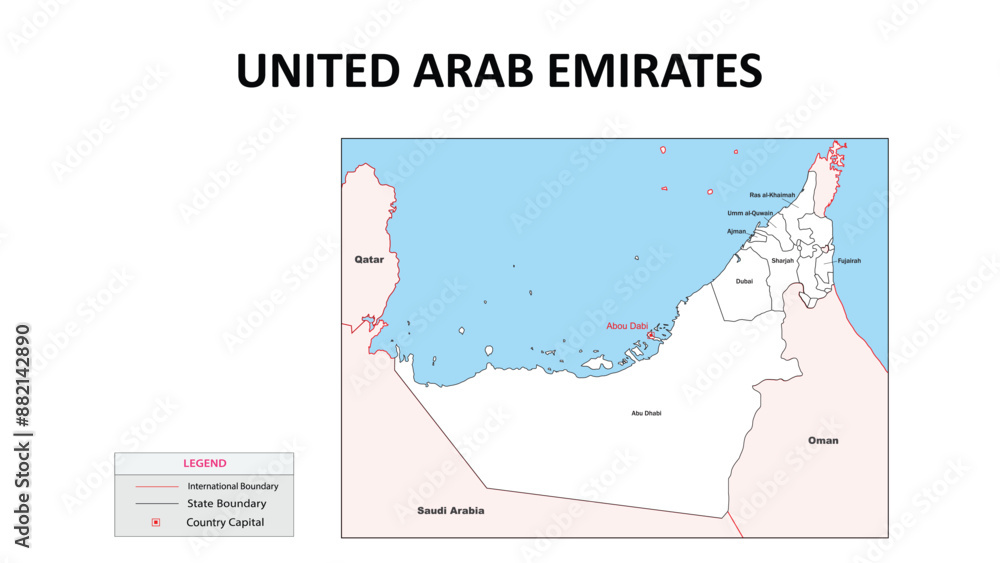 Poster United Arab Emirates Map. State map of United Arab Emirates. Administrative map of United Arab Emirates with State and capital in white color.