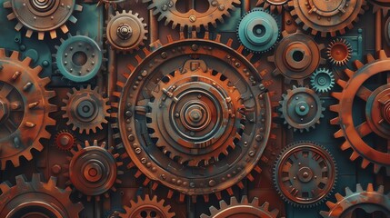 Close-up of various aged gears and cogs in a steampunk design, displaying intricate mechanical details and rustic colors.