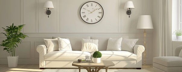 Traditional living room with a blank wall clock.