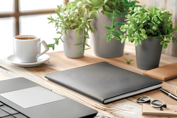 Minimalist Workspace with Laptop and Potted Plants on Wooden Desk