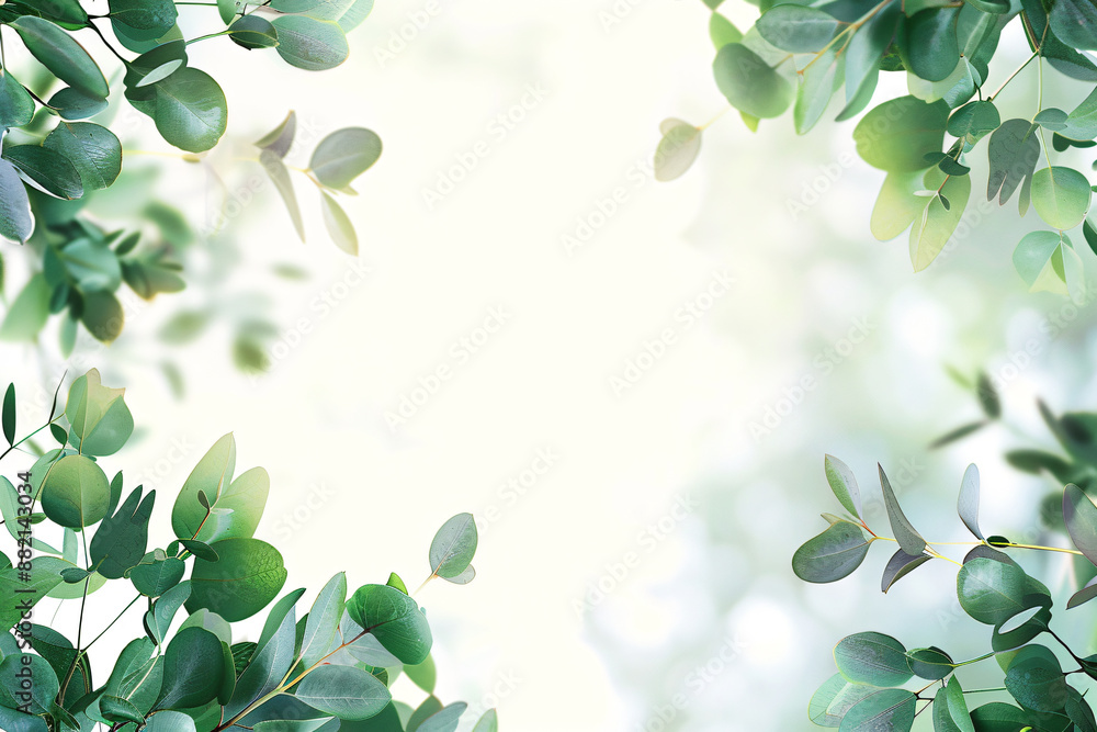 Poster eucalyptus leaves frame a white background with copy space for text in a banner template. a close up