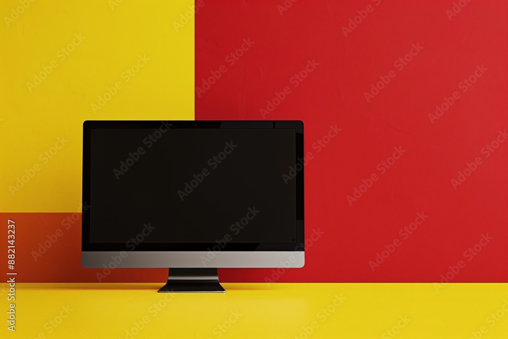 Poster desktop computer with a blank screen against a yellow and red geometric background.