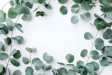 Eucalyptus leaves frame a white background with copy space for text in a banner template. A close up flat lay style shot features pastel green colored leaves. An abstract natural concept is presented 