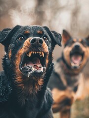 A dog with its mouth open and teeth bared is surrounded by other dogs