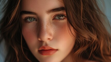 Fototapeta premium Beautiful girl face, capturing her delicate features and natural expression with soft lighting and a neutral background