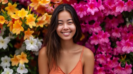 Naklejka premium Beautiful girl standing in front of a wall of flowers, with natural lighting enhancing the colors and her joyful expression