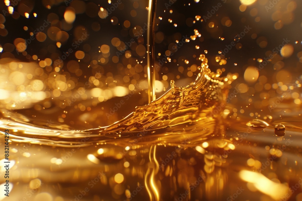 Poster a close-up view of liquid flowing into a glass, with the background blurred