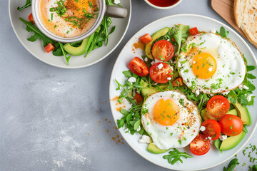 A plate of eggs, tomatoes, and avocado sits on a table next to a cup