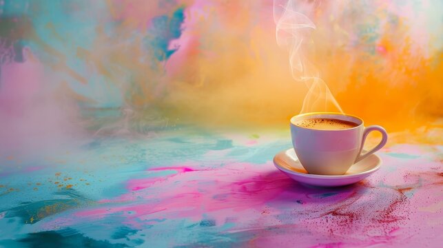 Steaming cup of coffee on colorful abstract background, evoking warmth and creativity. Ideal for design, inspiration, and morning motivation.