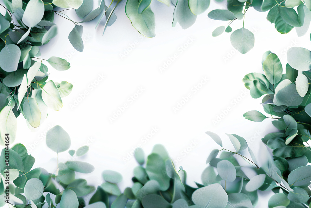 Poster eucalyptus leaves frame a white background with copy space for text in a banner template. a close up