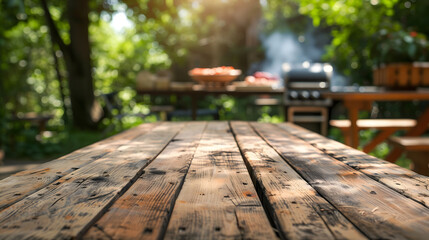 Wood table top on blur abstract green from garden in the morning background.For montage product display or design key visual layout