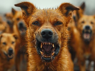 A dog with its mouth open and teeth bared is surrounded by other dogs