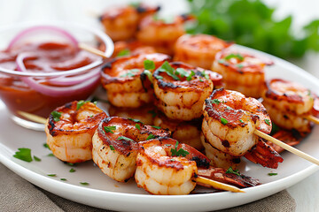 A plate of shrimp skewers with a dipping sauce