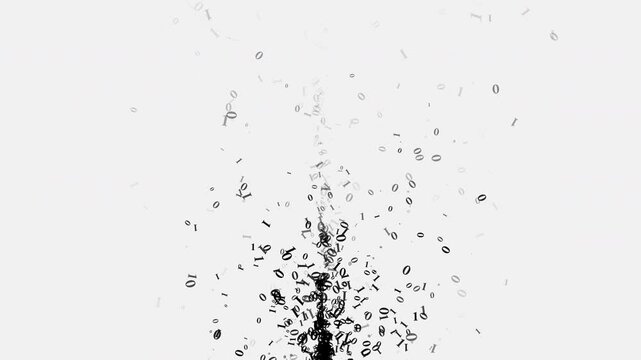 A tornado of black zeros and ones on a white background. Binary code data transfer, AI, cloud computing. Floating and disappearing symbols. Seamless loop.