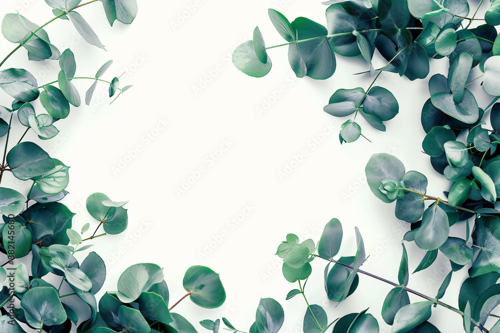 Poster eucalyptus leaves frame a white background with copy space for text in a banner template. a close up
