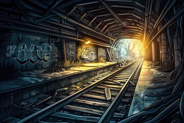 Obraz premium Desolate subway station with overgrown plants and graffiti