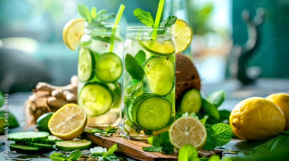 Poster refreshing summer drink with cucumber and lemon in a mason jar. this vibrant picture captures a refr