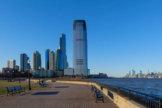 Exchange Place, New Jersey from Liberty State Park at spring with clear blue sky 2024. High quality photo