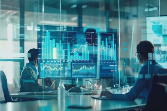 A business team reviews data on multiple digital screens in a modern office.