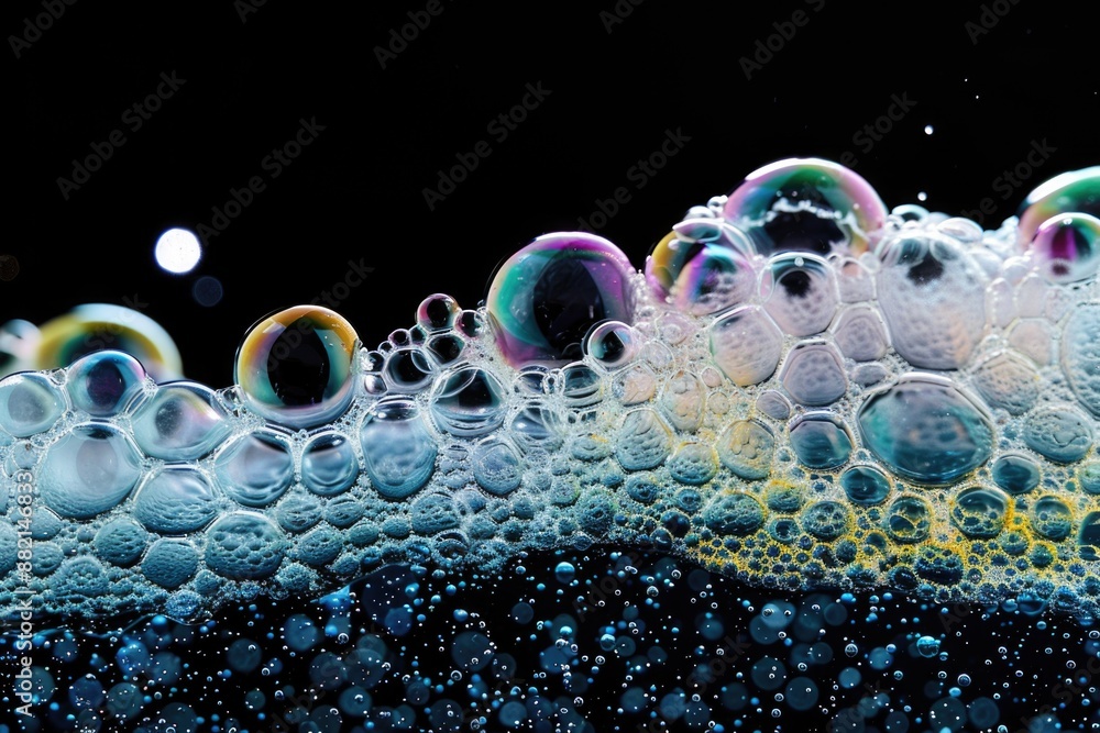 Poster A cluster of bubbles rising to the surface from a dark background, offering a pop of color and texture