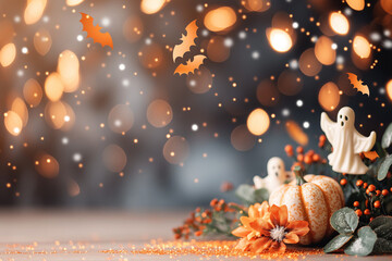 A Halloween scene with pumpkins and ghosts on a table