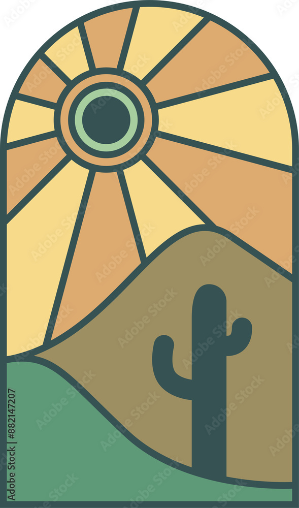 Poster boho logo with desert mountains and cactus. bohemian minimal illustration. abstract window with natu