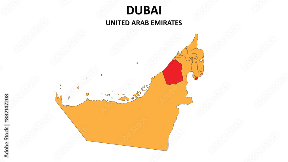 Wall mural Dubai Map is highlighted on the United Arab Emirates map with detailed State and region outlines.