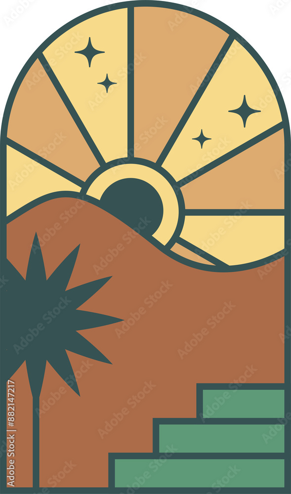 Poster boho logo with desert mountains and palm tree. bohemian minimal illustration. abstract window with n