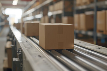 Cardboard boxes on conveyor belt in a distribution warehouse.