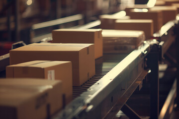 Cardboard boxes on conveyor belt in a distribution warehouse.