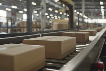 Cardboard boxes on conveyor belt in a distribution warehouse.