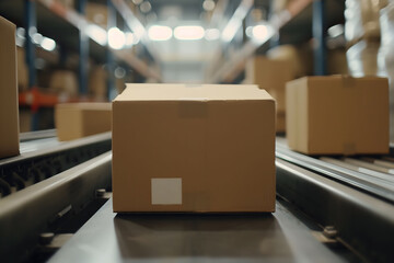 Cardboard boxes on conveyor belt in a distribution warehouse.