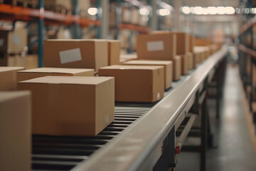 Cardboard boxes on conveyor belt in a distribution warehouse.