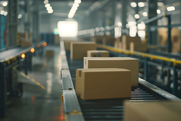 Cardboard boxes on conveyor belt in a distribution warehouse.