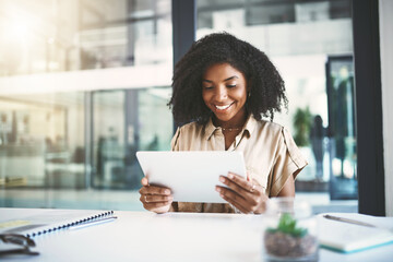 Woman, browsing and tablet in workplace for business, working and planning schedule on digital app. Communication, email and employee in creative agency, online and company website with professional