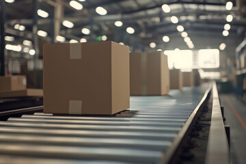 Cardboard boxes on conveyor belt in a distribution warehouse.