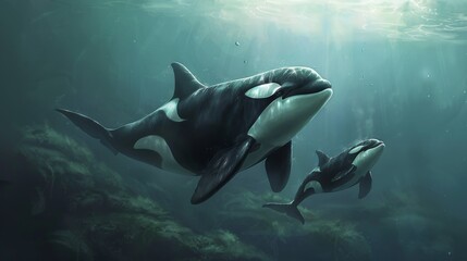 A heartwarming illustration depicting a mother killer whale and her child freely playing in the sea, showcasing the powerful bonds and social structure of these intelligent marine mammals