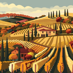 a digital illustration of a landscape with a vineyard and a house in the background