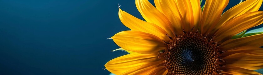 Vibrant close-up of a sunflower in bloom with rich yellow petals against a deep blue background, capturing the essence of summer and nature.