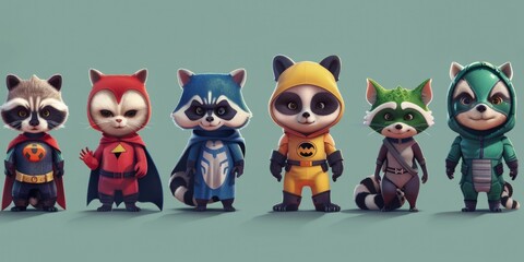 Cartoon Raccoons Superhero Team