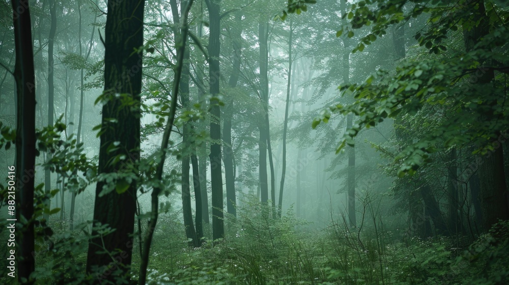 Poster a serene forest scene featuring a thick canopy of green trees, perfect for use in environmental or n