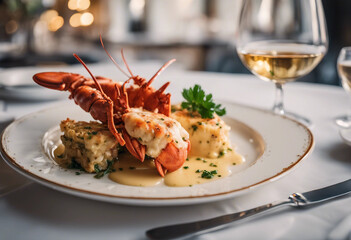 Lobster thermidor with cognac and gruy&egrave;re on a fine china plate with a glass of Chardonnay in an upscale French brasserie
