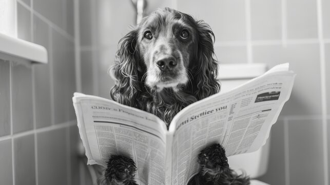 Irish Setter Dog Sitting on Toilet Bowl Reading a Large Newspaper in Spacious Bathroom with Light Blank Background, Black and White