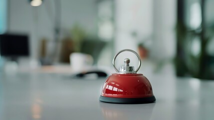 Close-up of a red service bell on a modern office desk with a blurred background. Perfect for themes of service, assistance, and reception.