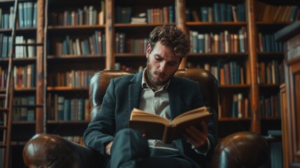 European and American Man Psychologist in Suit Reading a Book in Spacious Office, Handsome and Thoughtful in Ultra-High Definition 8K