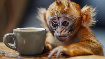 A small monkey sits at an office desk with a coffee cup nearby, portraying a whimsical scene of a curious primate in a human workspace setting